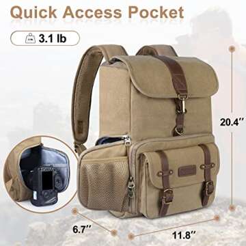 Endurax Canvas Camera Backpack Bag for Photographers，DSLR Photography Backpacks with 15 Inch Laptop Compartment, Khaki