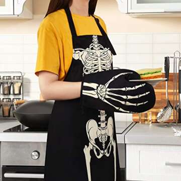 3 Pcs Halloween Skull Apron Set with 2 Microwave Oven Gloves, Waterproof Black White Cooking Apron Skeleton Baking Apron for Women, Men