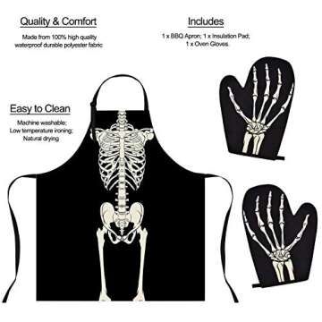 3 Pcs Halloween Skull Apron Set with 2 Microwave Oven Gloves, Waterproof Black White Cooking Apron Skeleton Baking Apron for Women, Men