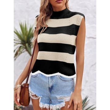 Saodimallsu Womens Striped Sweater Vest Sleeveless Mock Neck Cap Sleeve Ribbed Knit Summer Crop Tops Beige