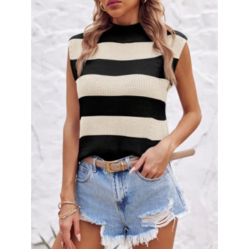 Saodimallsu Womens Striped Sweater Vest Sleeveless Mock Neck Cap Sleeve Ribbed Knit Summer Crop Tops Beige