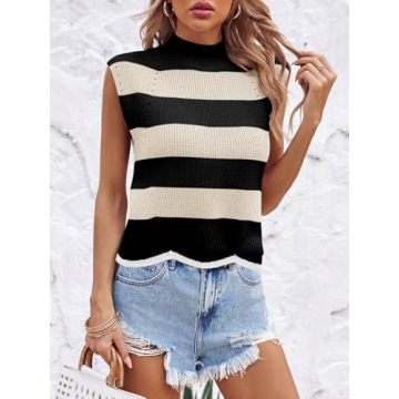 Saodimallsu Womens Striped Sweater Vest Sleeveless Mock Neck Cap Sleeve Ribbed Knit Summer Crop Tops Beige