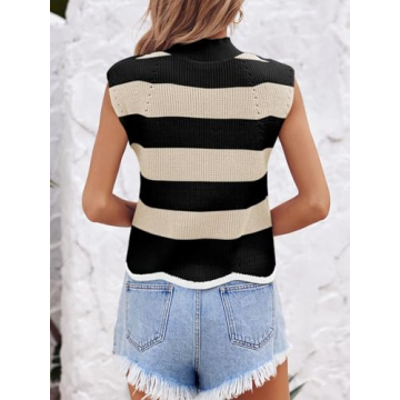 Saodimallsu Womens Striped Sweater Vest Sleeveless Mock Neck Cap Sleeve Ribbed Knit Summer Crop Tops Beige