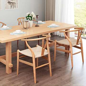 Polynices Wishbone Chair, Weave Modern Solid Wood Mid-Century Y Shaped Backrest Dining Chair (Natural Set of 2)