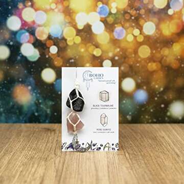 BOHO GARDEN Hanging Car Charm - Black Tourmaline & Rose Quartz - Dangling Moon, Healing Crystal Acce...