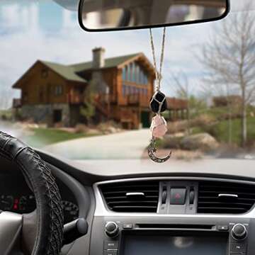 BOHO GARDEN Hanging Car Charm - Black Tourmaline & Rose Quartz - Dangling Moon, Healing Crystal Accessories, Rearview Mirror Decorations - Grounding, Confidence, Protection, Love, Self-Worth, Energy