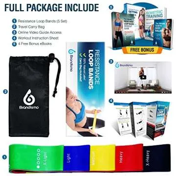 Resistance Loop Exercise Bands – Set of 5 – Workout Bands for Leg, Ankle, Stretching, Physical Therapy, Yoga and Home Fitness – With Bonus eBooks, Instruction Manual, Carry Bag and Online Videos