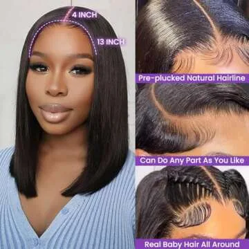 Bob Wig Human Hair 13X4 Lace Front Wigs Human Hair 150% Density Short Straight Frontal Bob Wig HD Transparent Lace Frontal wigs Pre Plucked for Women Glueless Wigs With Baby Hair Natural black 10 Inch