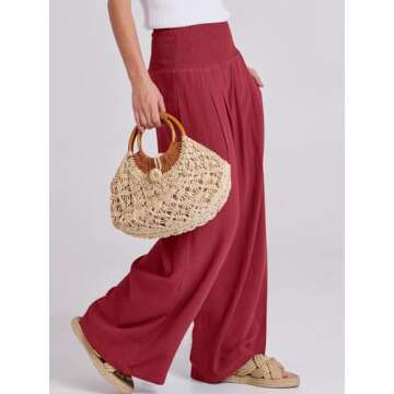 ANRABESS Women Linen Palazzo Pants Summer Boho Wide Leg High Waist Casual Lounge Pant 2025 Beach Travel Vacation Outfits Red Small