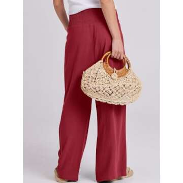 ANRABESS Women Linen Palazzo Pants Summer Boho Wide Leg High Waist Casual Lounge Pant 2025 Beach Travel Vacation Outfits Red Small