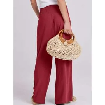 ANRABESS Women Linen Palazzo Pants Summer Boho Wide Leg High Waist Casual Lounge Pant 2025 Beach Travel Vacation Outfits Red Small