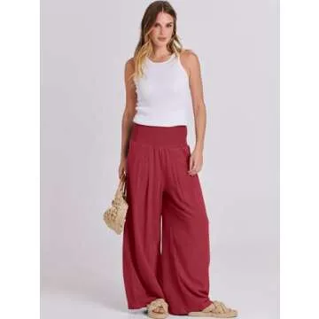 ANRABESS Women Linen Palazzo Pants Summer Boho Wide Leg High Waist Casual Lounge Pant 2025 Beach Travel Vacation Outfits Red Small