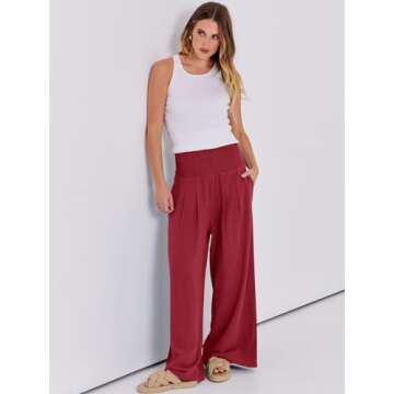ANRABESS Women Linen Palazzo Pants Summer Boho Wide Leg High Waist Casual Lounge Pant 2025 Beach Travel Vacation Outfits Red Small