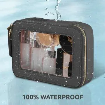 Prite Clear Makeup Bag Cosmetic Organizer Case Waterproof Travel Toiletry Bag Skincare Pouch with Golden Zipper(Black)