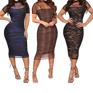 Uni Clau Women Sexy Short Sleeve Printed Sheer Mesh Bodycon Mini Dress See Through Slim Fit Tight Skinny Night Club Party Clubwear Midi Dress with Lining Snakeskin 2XL