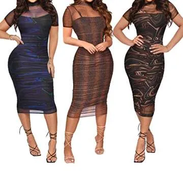 Uni Clau Women Sexy Short Sleeve Printed Sheer Mesh Bodycon Mini Dress See Through Slim Fit Tight Skinny Night Club Party Clubwear Midi Dress with Lining Snakeskin 2XL