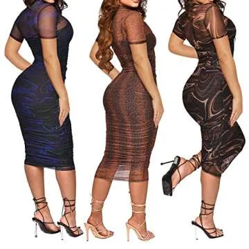 Uni Clau Women Sexy Short Sleeve Printed Sheer Mesh Bodycon Mini Dress See Through Slim Fit Tight Skinny Night Club Party Clubwear Midi Dress with Lining Snakeskin 2XL