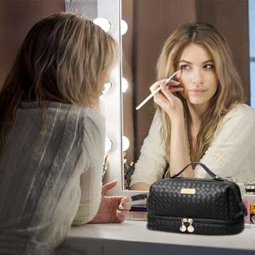 Cfocto Makeup Bags PU Leather Travel Cosmetic Bags for Women Double Layer Large Capacity Travel Cosmetic Organizer Toiletry Wash Bags for Girls Ladies Black