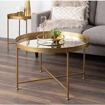 Kate and Laurel Celia Metal Foldable Round Accent Coffee Table, 28.25" x 28.25" x 19", Mirrored Surface and Gold Frame, Modern Minimalist Design and Detachable Magnetic Tabletop