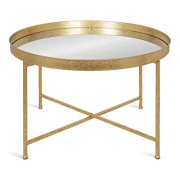 Kate and Laurel Celia Metal Foldable Round Accent Coffee Table, 28.25" x 28.25" x 19", Mirrored Surface and Gold Frame, Modern Minimalist Design and Detachable Magnetic Tabletop