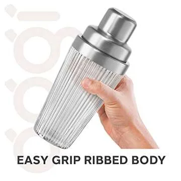 OGGI Vintage Ribbed Glass Cocktail Shaker- 16oz, Stainless Steel Top; Ideal Martini Shaker, Drink Shaker, Bartender Shaker; Make Great Bar Gifts, Cocktail Accessories and Bar Cart Accessories