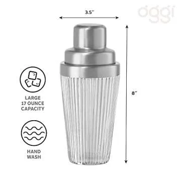 OGGI Vintage Ribbed Glass Cocktail Shaker- 16oz, Stainless Steel Top; Ideal Martini Shaker, Drink Shaker, Bartender Shaker; Make Great Bar Gifts, Cocktail Accessories and Bar Cart Accessories