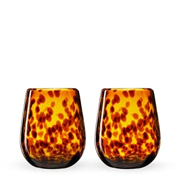 Segunda Vida Tortuga Tortoise Shell colored Stemless Wine Glasses Set - Hand Blown Colorful Wine Glasses - Amber 100% Recycled Glassware Made in Mexico, 13oz, Set of 2