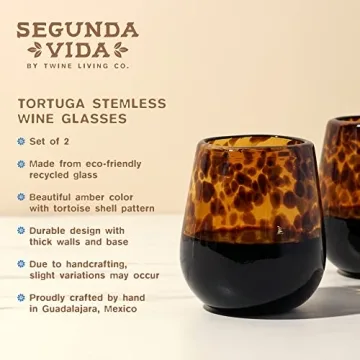 Segunda Vida Tortuga Tortoise Shell colored Stemless Wine Glasses Set - Hand Blown Colorful Wine Glasses - Amber 100% Recycled Glassware Made in Mexico, 13oz, Set of 2