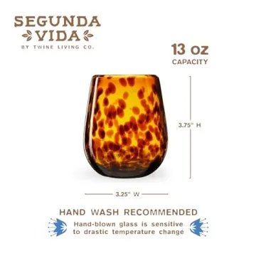 Segunda Vida Tortuga Tortoise Shell colored Stemless Wine Glasses Set - Hand Blown Colorful Wine Glasses - Amber 100% Recycled Glassware Made in Mexico, 13oz, Set of 2