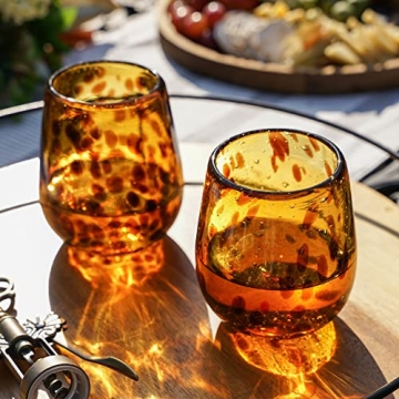 Segunda Vida Tortuga Tortoise Shell colored Stemless Wine Glasses Set - Hand Blown Colorful Wine Glasses - Amber 100% Recycled Glassware Made in Mexico, 13oz, Set of 2