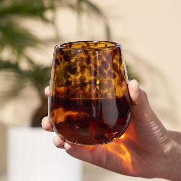 Segunda Vida Tortuga Tortoise Shell colored Stemless Wine Glasses Set - Hand Blown Colorful Wine Glasses - Amber 100% Recycled Glassware Made in Mexico, 13oz, Set of 2