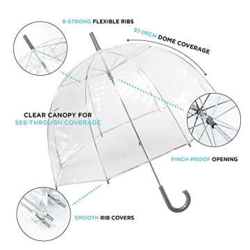totes Women's Clear Bubble Umbrella – Transparent Dome Coverage – Large Windproof and Rainproof Canopy – Ideal for Weddings, Proms or Everyday Protection, Clear