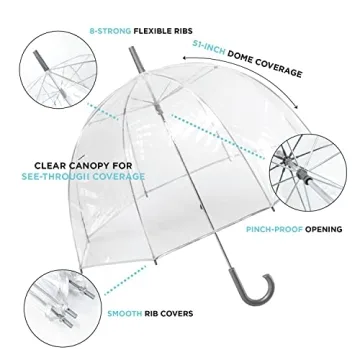 totes Women's Clear Bubble Umbrella – Transparent Dome Coverage – Large Windproof and Rainproof Canopy – Ideal for Weddings, Proms or Everyday Protection, Clear