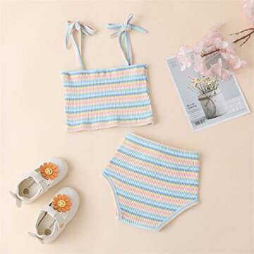 MODNTOGA Newborn Toddler Baby Girls Summer Clothes Set Rainbow Outfits Sleeveless Halter Tank Top Striped Shorts Pants