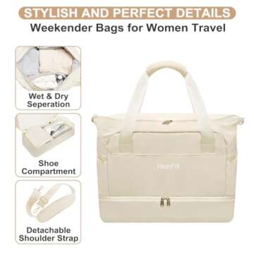 HenFit Weekender Bags For Women Men, ONE YEAR WARRATY Gym Bag, Travel Duffel Bag With Luggage Sleeve, Sports Tote Gym Carry On Bag,Overnight Duffle Bag With Makeup Wet Pocket For Travel, Yoga (Beige)
