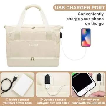 HenFit Weekender Bags For Women Men, ONE YEAR WARRATY Gym Bag, Travel Duffel Bag With Luggage Sleeve, Sports Tote Gym Carry On Bag,Overnight Duffle Bag With Makeup Wet Pocket For Travel, Yoga (Beige)
