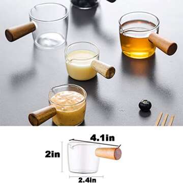Goeielewe Espresso Shot Glass with Wood Handle, 3-Ounce Milk Cup Jug Cream Pitcher, Shot Glasses Esp...