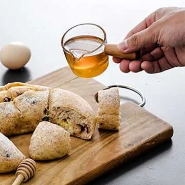 Goeielewe Espresso Shot Glass with Wood Handle, 3-Ounce Milk Cup Jug Cream Pitcher, Shot Glasses Espresso Parts Heat Resistant Glass Creamer for Coffee Tea or Maple Syrup Serving