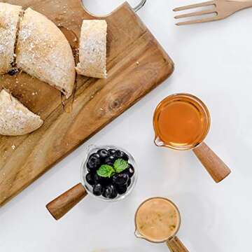 Goeielewe Espresso Shot Glass with Wood Handle, 3-Ounce Milk Cup Jug Cream Pitcher, Shot Glasses Espresso Parts Heat Resistant Glass Creamer for Coffee Tea or Maple Syrup Serving