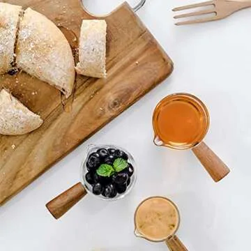 Goeielewe Espresso Shot Glass with Wood Handle, 3-Ounce Milk Cup Jug Cream Pitcher, Shot Glasses Espresso Parts Heat Resistant Glass Creamer for Coffee Tea or Maple Syrup Serving