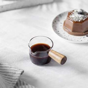 Goeielewe Espresso Shot Glass with Wood Handle, 3-Ounce Milk Cup Jug Cream Pitcher, Shot Glasses Espresso Parts Heat Resistant Glass Creamer for Coffee Tea or Maple Syrup Serving