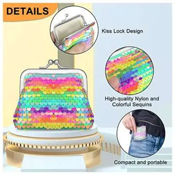 WisePoint Change Purse 2 Packs, Nylon Coin Purse for Women and Girls, Double Sided Sequin Coin Purses Coin Wallet with Kiss Lock Closure, Colorful Coin Pouch for Change, Keys, Lipstick
