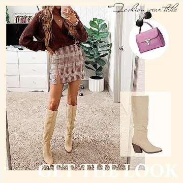 Putu Women's Pointed Toe Knee High Boots Faux Suede Stacked Chunky Heel Boots Side Zipper Slouchy High Boots
