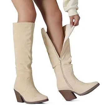 Putu Women's Pointed Toe Knee High Boots Faux Suede Stacked Chunky Heel Boots Side Zipper Slouchy High Boots