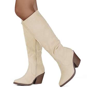 Putu Women's Pointed Toe Knee High Boots Faux Suede Stacked Chunky Heel Boots Side Zipper Slouchy High Boots