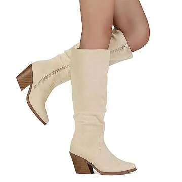 Putu Women's Pointed Toe Knee High Boots Faux Suede Stacked Chunky Heel Boots Side Zipper Slouchy High Boots