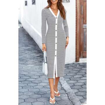 BTFBM Women Casual Long Sleeve Dress Fall Dresses 2024 Striped Midi Dresses Decorative Button Ribbed...