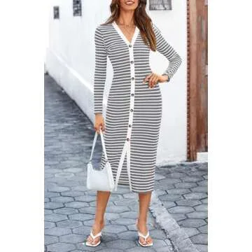 BTFBM Women Casual Long Sleeve Midi Striped Dress 2024