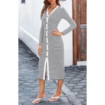 BTFBM Women Casual Long Sleeve Midi Striped Dress 2024