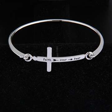 Zuo Bao Christian Bangle Bracelet Faith Over Fear Cross Bracelet Thin Line Sideways Cross Bracelet R...